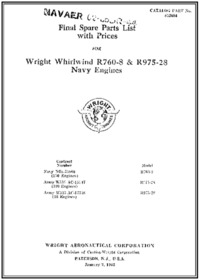 No 852694 Final Spare Parts List with Prices for Whirlwind R760-8 &amp; R975-28 Navy Engines