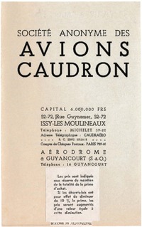 Prices list Avions Caudron March 1935