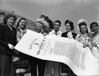 New York Flight: Costume girls , Mayor MacCallum, Don Rogers holding scroll
