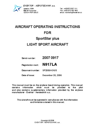 Aircraft Operating Instructions for SportStar Plus Light Sport Aircraft